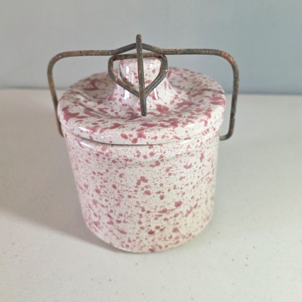 Vintage Pink & White Spatterware Cheese Crock w/ Metal Bail & Matching Lid